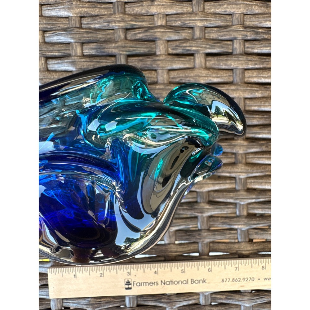 Vintage Murano Style Art Glass Ruffled Bowl Cobalt Blue Emerald Green 7 Inch - Picture 6 of 9